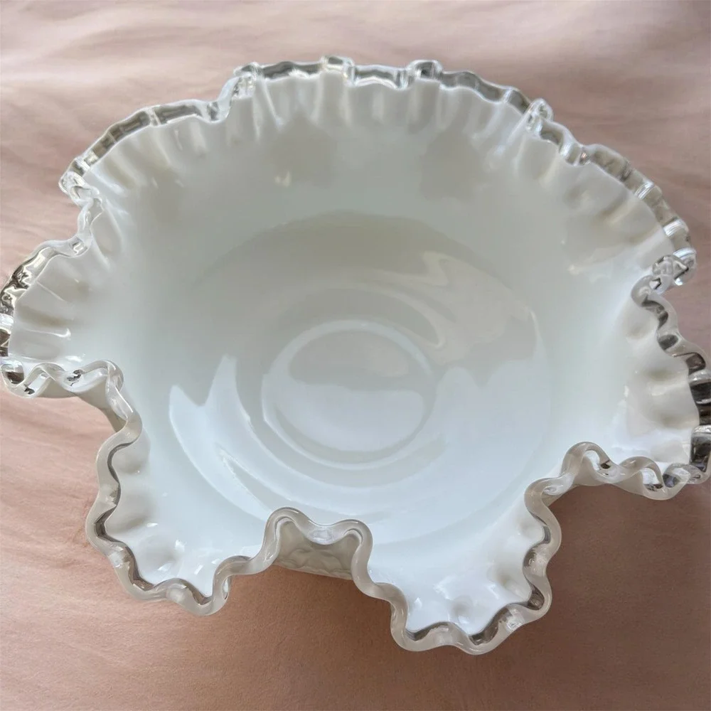 Fenton Milk Glass‎ Spanish Lace Silver Crest Ruffled Bowl Vintage Centerpiece